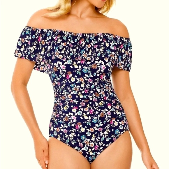Swim Solutions Other - Swim Solutions Navy Blue Off-The-Shoulder One-Piece Swimsuit